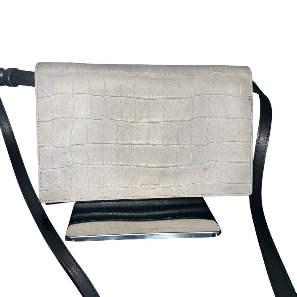 AllSaints Gray Black Croc Embossed Leather Crossbody Messenger Bag